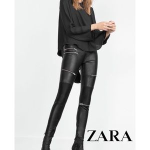 Zara | Black Faux Leather Biker Moto Trousers With Zippers Size M